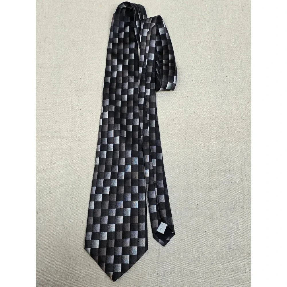 Burma Bibas Mens Silk Necktie Black Grey Silver Geometric Checkered Grid Pattern